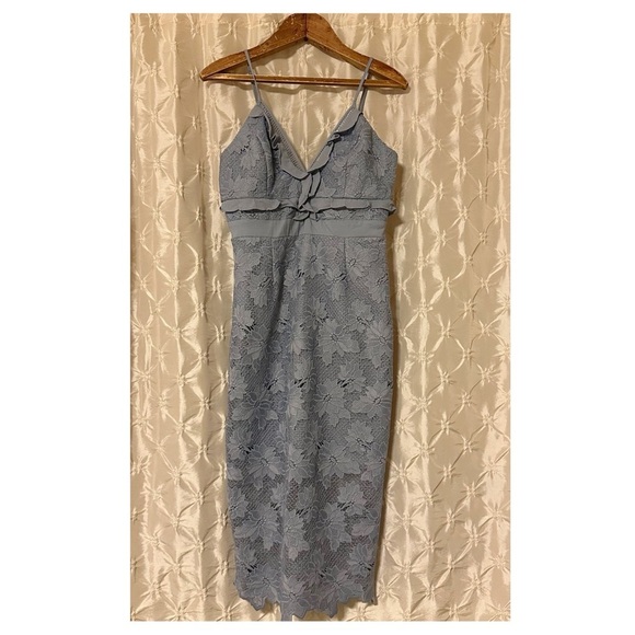 Bardot Vienna Dusty Blue Lace Midi Dress Spaghetti Strap Ruffle Crochet Lace - Picture 5 of 14